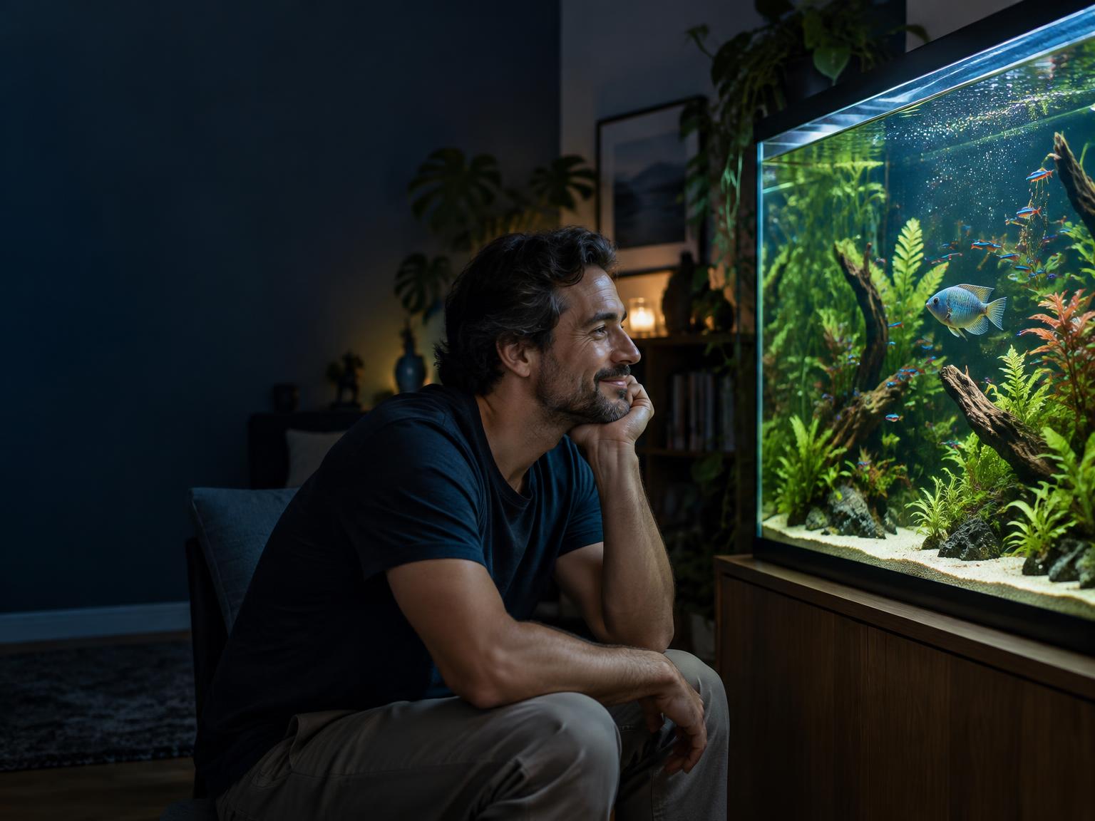 Aquarista tranquilo observando seu aquário plantado saudável